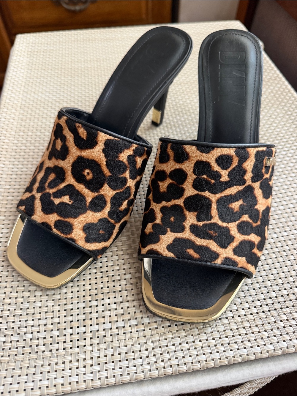 DKNY Leopard-Print Haircalf Slide Mules with Gold Accents